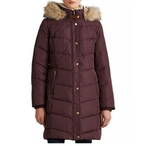 Ralph Lauren burgundy long down Puffer Jacket faux fur hood